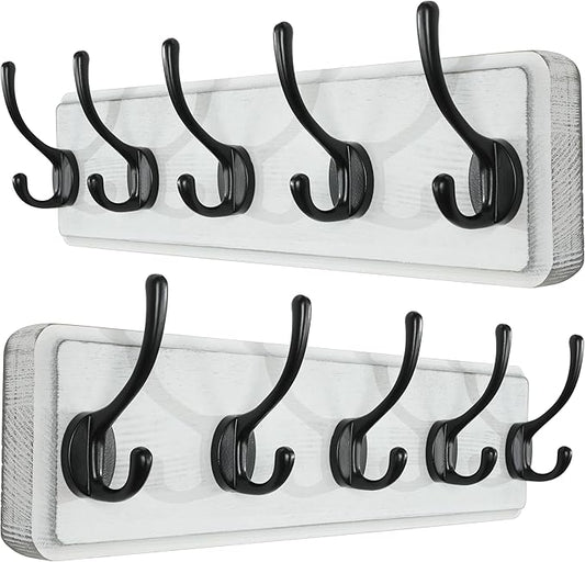 SKOLOO Rustic Wall Mounted Coat Rack, 16 inches Hole to Hole, Case of 2, Pine Solid Wood Coat Hook Hanger - 5 Hooks for Hanging Clothes Robes Towels Coats