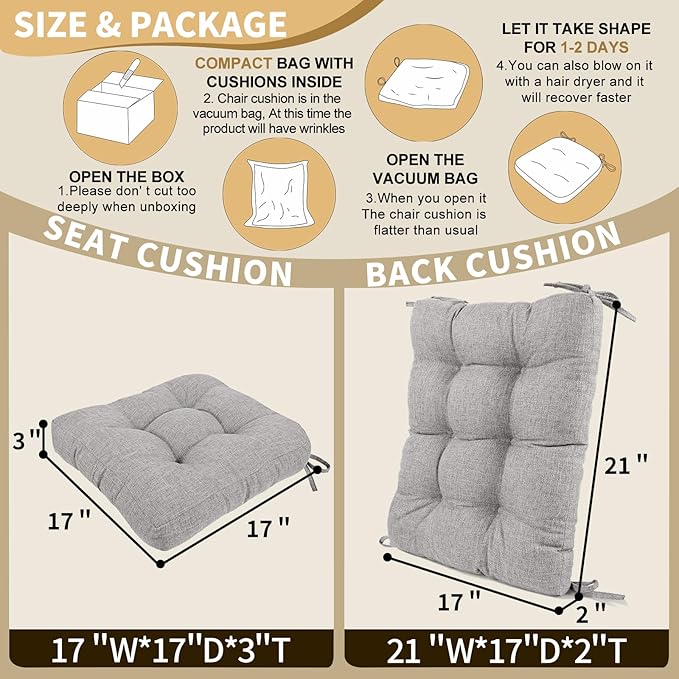 BUYUE Chair Cushion Set for Rocking Chair, Back Pillow & Seat Cushion with Ties, Original Woven Fabric Non-Slip Chair Pads for Elderly Sitting, Light Gray