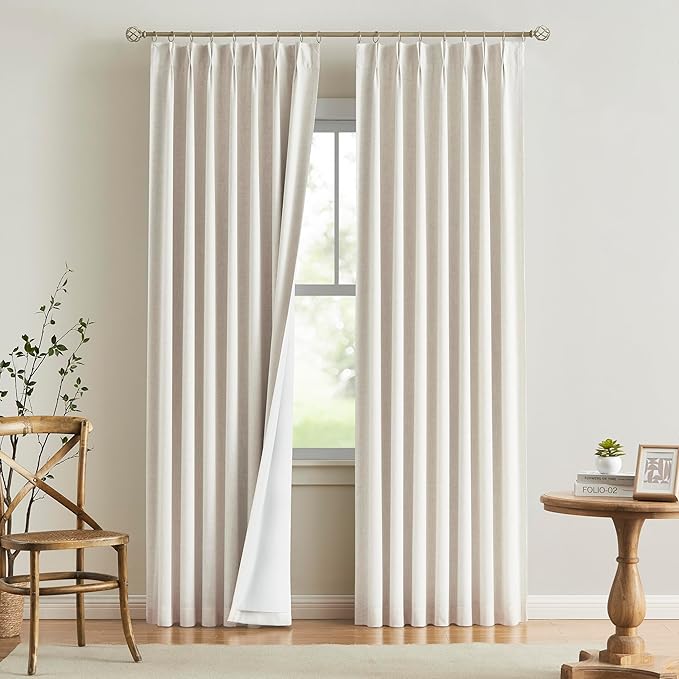 Vision Home Natural Pinch Pleated Full Blackout Curtains Linen Blended Room Darkening Window Curtains 90 inch for Living Room Bedroom Thermal Insulated Pinch Pleat Drapes with Hooks 2 Panel 40"Wx90"L