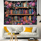 HVEST Bookshelf Tapestry Wall Hanging Pink Floral Green Leaf Watercolor Plant Botanical Aesthetic Wall Decor Vintage Library Book Tapestry for Bedroom Living Room Dorm, 60L x 80W Inches
