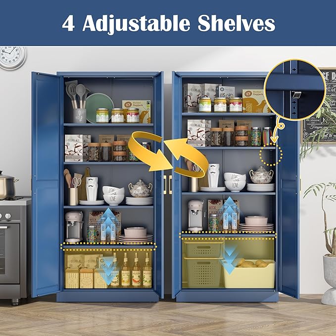 Kitchen Pantry Cabinet,71”Blue Metal Pantry Storage Cabinets with Doors and 4 Adjustable Shelves,Kitchen Cabinet with 2 Gold Handles,Tall Cabinet for Livingroom,