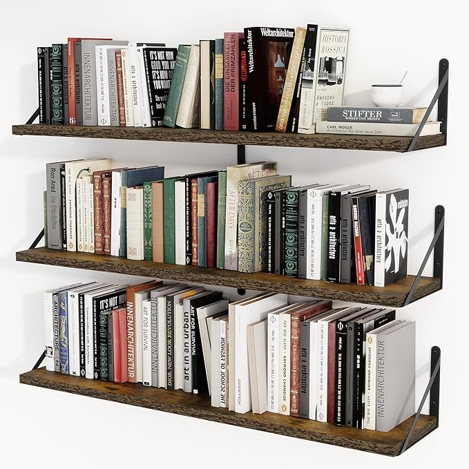 Heimlove 36 Inch Floating Bookshelves Set of 3,Heavy Duty Wall Mounted Bookshelves,Rustic Brown Wall Bookshelf for Living Room,Bedroom,Kitchen,Laundry Room Storage & Decor