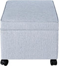 Adeco 17.5" Square Fabric Ottoman with Storage, Upholstered Cotton Linen Foot Rest, Flip Top Footstool, Small Cube Coffee Table Extra Seat for Living Room, Bedroom, Ice Blue with Rolling Legs