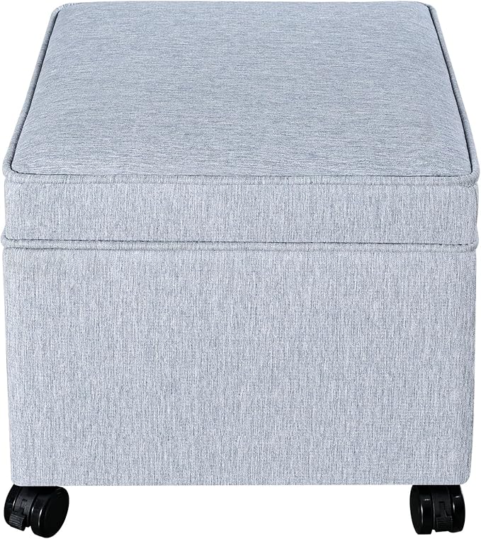 Adeco 17.5" Square Fabric Ottoman with Storage, Upholstered Cotton Linen Foot Rest, Flip Top Footstool, Small Cube Coffee Table Extra Seat for Living Room, Bedroom, Ice Blue with Rolling Legs