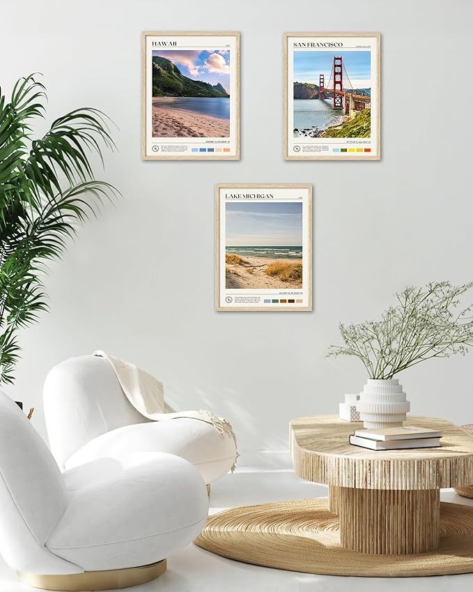 HesenDot Natural OAK Wood Lake Michigan Framed Wall Art,12x16in Natural Scenery Canvas Wall Print,Classic Urban City Landmark Wall Decor for Living Room,Bedroom,Office Gallery Gifts Set of 1