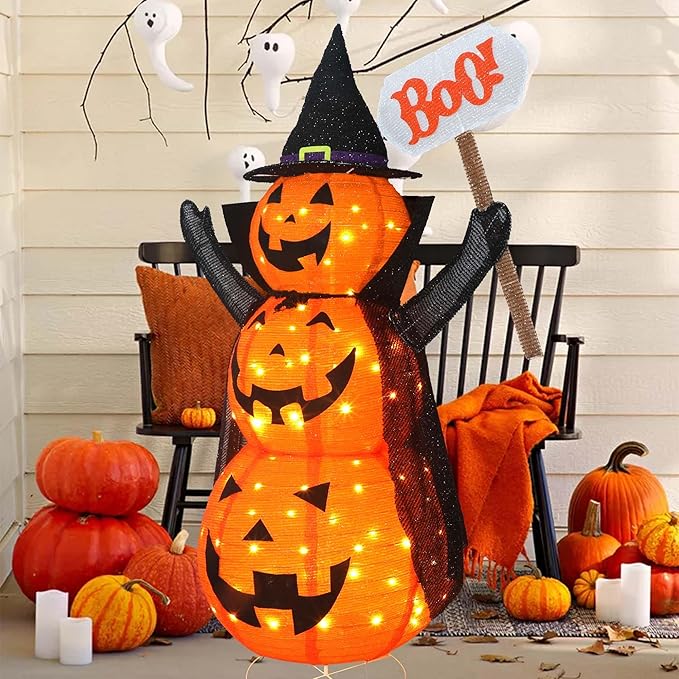 Halloween Decoration 4.3FT Retractable Jack-O-Lantern, 100 LED Collapsible Pumpkin Lantern with Black Star Hat, Plug in Halloween Lights with Stand for Indoor Outdoor Lawn Backyard Garden Decor