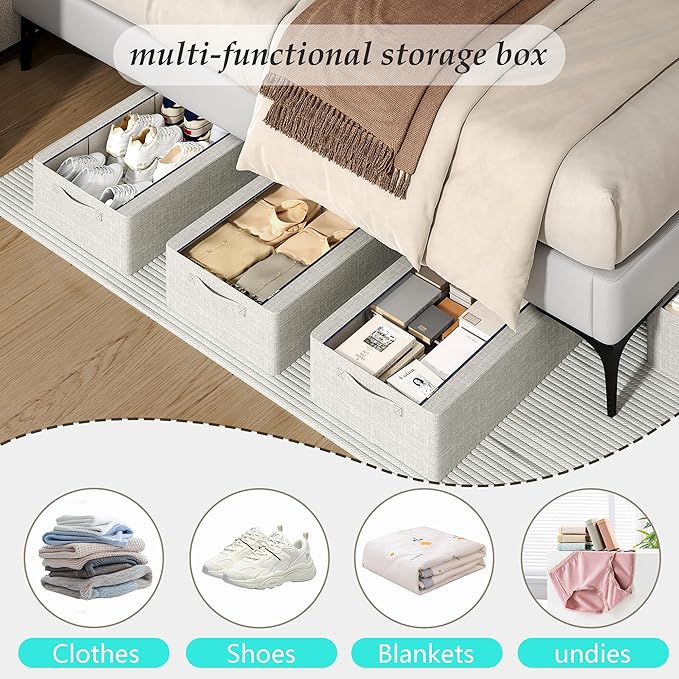 3PCS Under Bed Storage Bins with Metal Frame, Linen Fabric Frame Storage Box Clothes Organizer Bins, Underbed Container with Clear Window (Light Grey, 23.6 x 13 x 6IN)