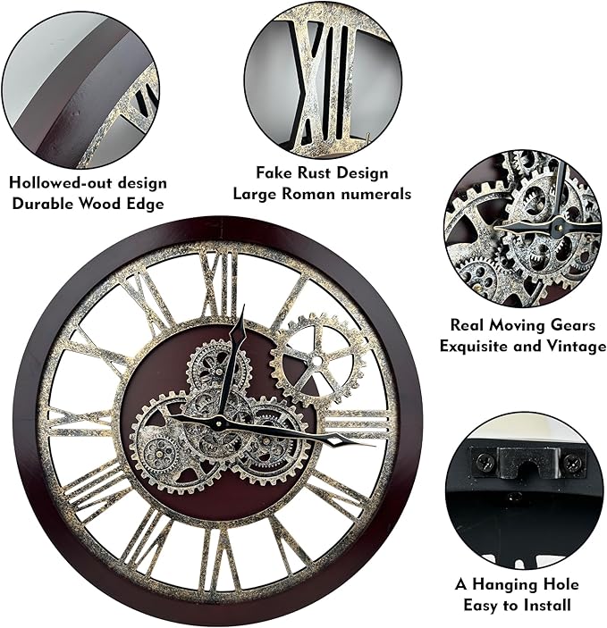 The B-Style Large Wall Clock 24 inch Moving Gear Wall Clock Oversized Vintage Farmhouse Wall Clocks for Living Room Decor Rustic Industrial Wood Clock (Cherry red and Bronze)