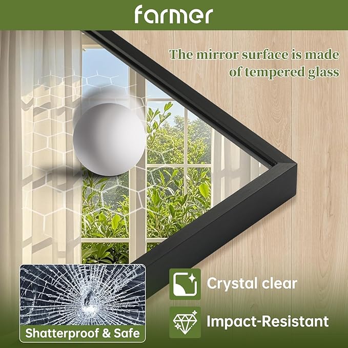 FARMER 26x38 Inch Black Bathroom Mirror, Rectangle Wall Mounted Mirror, Vanity Mirror, Brushed Square Mirror, Framed Bathroom Mirror for Bedrooms, Entryways, Living Rooms, Horizontal/Vertical