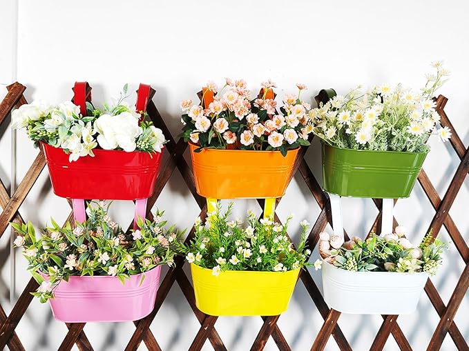 6 Pcs Railing Planter, 10" Metal Hanging Flower Pots for Outdoor Balcony Rails, Fence Pot Hanging Plant Holders with Detachable Hooks for Garden Patio Yard Decor (Multi-Color, 6Pcs)