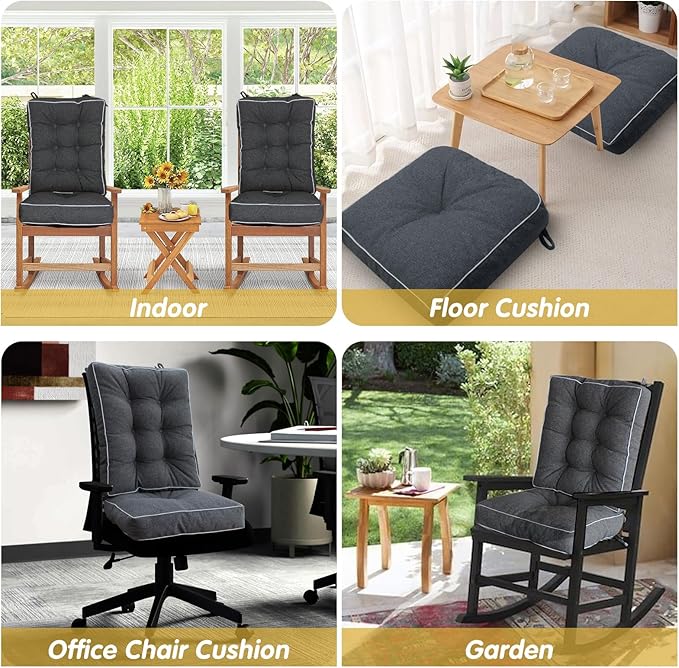 YZ HOME Rocking Chair Cushion, Set of Thicken Seat & Back Chair Cushions with Memory Foam, Non-Slip Chair Pad with Ties for for Indoor&Outdoor Rocker, Dark Grey, 22x17x5/17x17x5