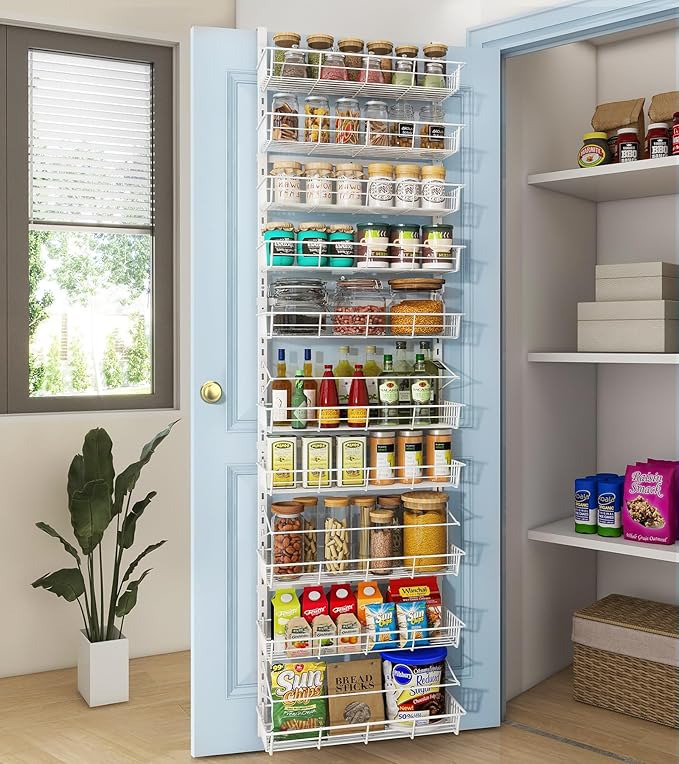 White 10-Tier Over The Door Pantry Organizer, Pantry Organization and Storage, Metal Hanging Adjustable Basket, Wall Spice Rack Seasoning Shelves, Home & Kitchen Essentials