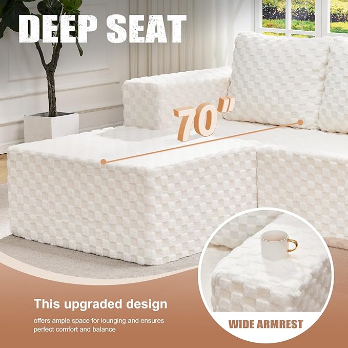 Hobestluk Modular Sectional Sofa Memory Foam Couch Oversized Sectional Sofa 3-Seater with Chaise Cloud Couch with Removable Cover L Shape Sofa for Living Room (Plush White, 3-Seater with Chaise)