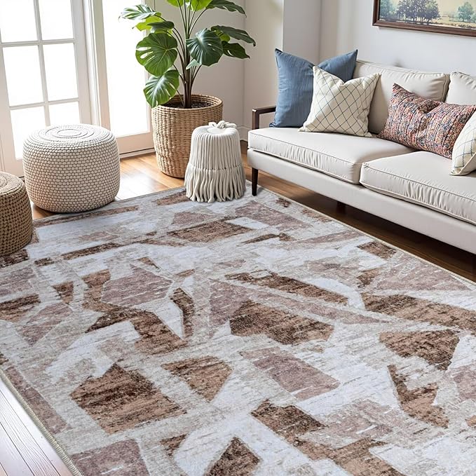 Modern Abstract 6X9 Area Rug for Living Room Bedroom Washable, with Non-Slip Rubber Backing Print Faux Wool Thin, Brown Throw Large Carpet for Kids Playroom Dining Room Pet & Child Friendly