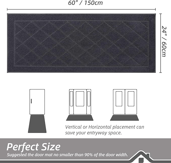 BEQHAUSE Dirt Trapper Door Mat 24" x 60", Doormat Non-Slip Entryway Rugs Washable, Dog Door Mat Stain Resistant and Absorbent Welcome Floor Mat for Front Back Door, Muddy Wet Shoes & Paws, Dark Grey