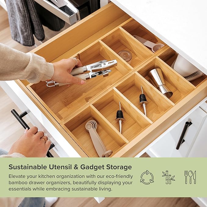 Premium Kitchen Utensils and Junk Drawer Organizer – Small 5-Compartment Design with 4 Removable Dividers, Non-Slip Feet, 100% Sustainable Bamboo, 2 Pack