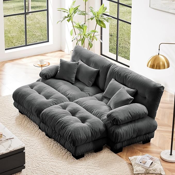 Loveseat Modular Sectional Sofa, U Shaped Couch with Ottoman, Cloud Couch Sectional Couch Home Sofa Living Room Oversized Couch Deep Seat Couch with Round Bolster Armrests 4 Pillows(Gray)