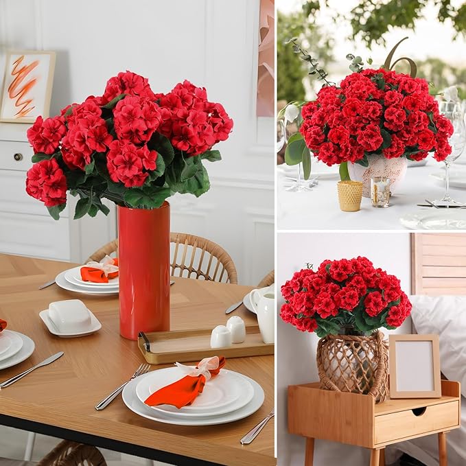 Hananona 12 Bundles Artificial Geranium Flowers for Outdoors Silk Geranium Flowers Outdoor UV Resistant Garden Plants Faux Flower for Home Kitchen Table Centerpieces Decor (12, Red)