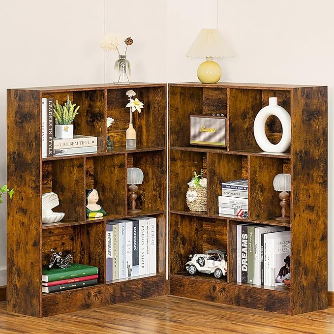 LEYAOYAO 7 Cube Bookshelf - Mid Century Modern Brown Rustic Wood Storage