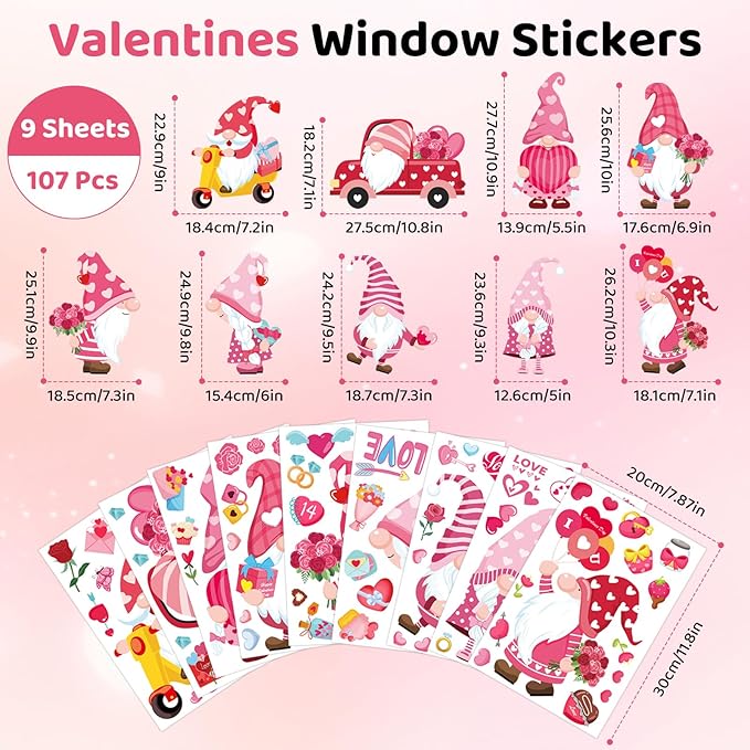 DC-BEAUTIFUL 107 PCS Valentines Window Clings, 9 Sheets Double-Sided Pink Love Heart Gnome Valentine Decoration Window Stickers, Reusable Static Holiday Window Decals for Home Wedding Party Decors
