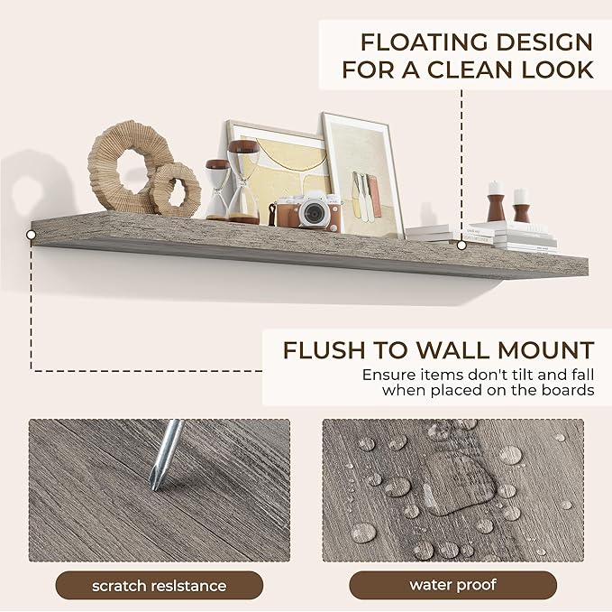 RICHFOCUS 72Inch Floating Shelves for Wall 1 Pack Shelves for Bedroom|Kitchen|Bathroom Wall Mounted Rustic Wood Floating Shelf with Invisible Brackets for Books|Storage|Decor, Grey