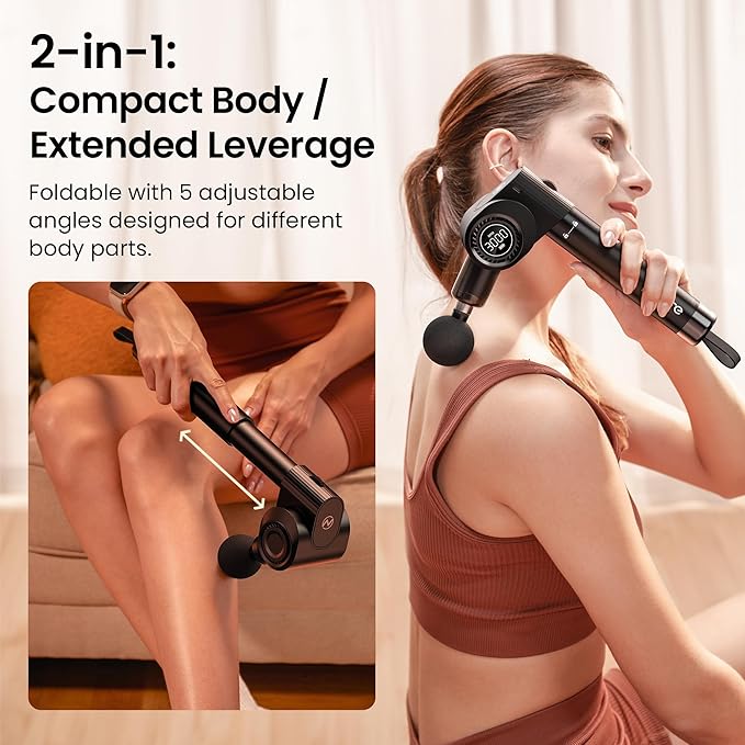 Foldable Massage Gun Deep Tissue with 5 Adjustable Angles,Portable Percussion Back Massager for Muscle/Neck/Body Pain Relief with Long Extension Metal Handle,32-Speeds,with Carry Case