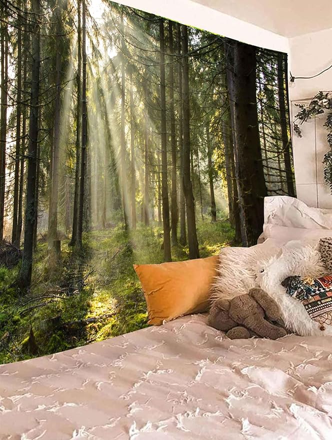 Onivein Forest Tapestry Nature Sunlight Streaming Through Green Trees Wall Hanging for Bedroom Living Room Office Decor 90 x 70 Inches