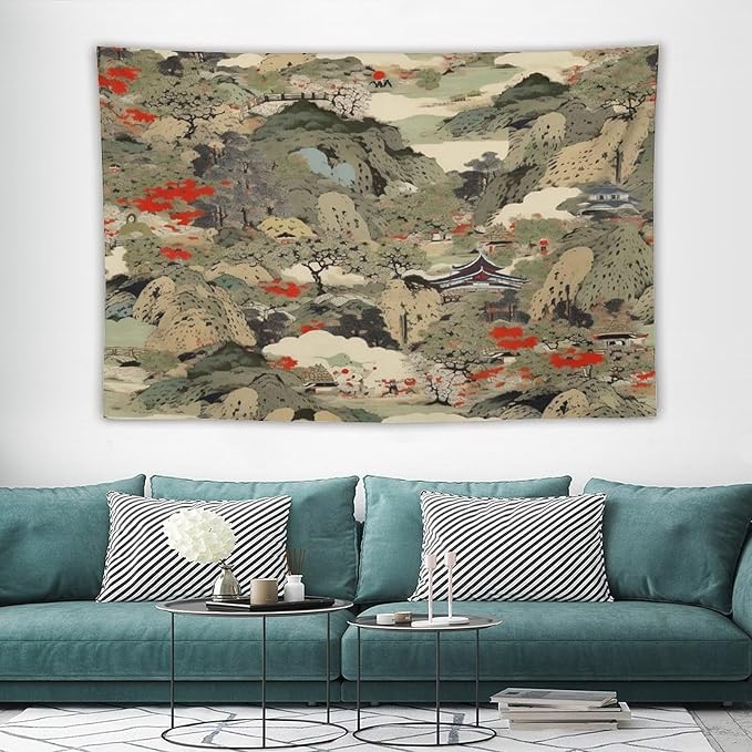 Asian Tapestry,Japanese Red Landscape Asian Watercolor Abstract Art Tapestry, Asian Japanese Wall Tapestry, Nature Landscape Tapestries for Bedroom Living Room Decor 90"x60"