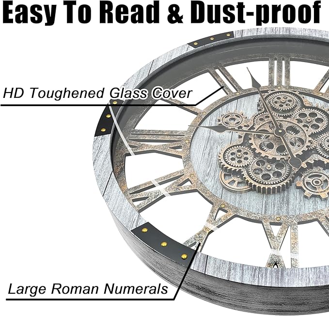 DORBOKER 36" Original Moving Gears Wall Clock, Large Industrial Wall Clock for Living Room Decor, Retro Metal Solid Wood Vintage Farmhouse Steampunk Rustic Clocks for Wall Decor,Silver Grey