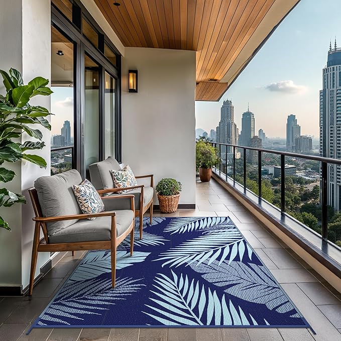 GENIMO Outdoor Rug 5' x 8' Waterproof for Patios Clearance, Reversible Outdoor Plastic Straw Camping Rug Carpet, Large Area Rugs Mats for RV, Camper, Deck, Balcony, Porch, Beach, Navy Blue&Baby Blue