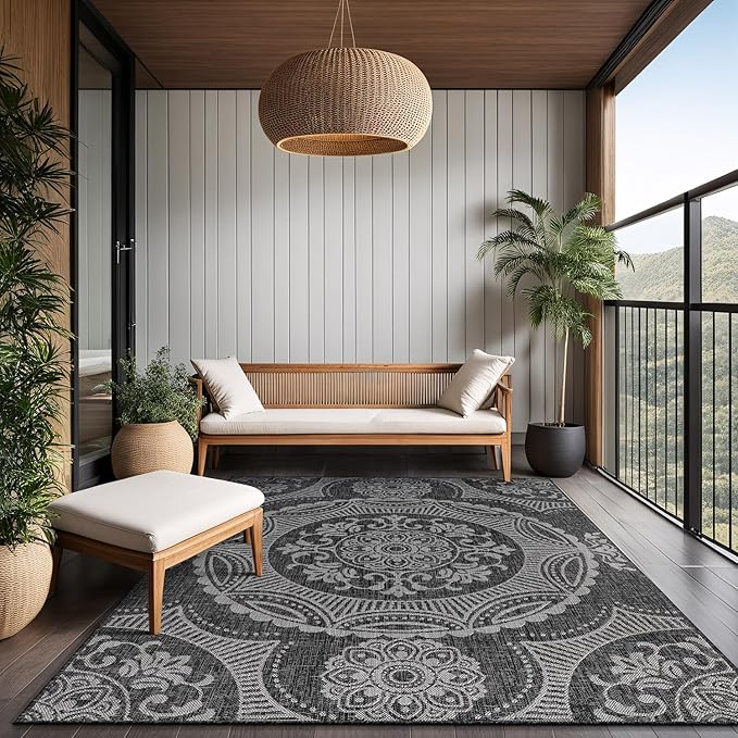 Medallion Outdoor Rug 9x12 Washable Outside Carpet for Indoor Patio Porch Waterproof Easy Cleaning Non Shedding Area Rugs Dark Gray 9 x 12