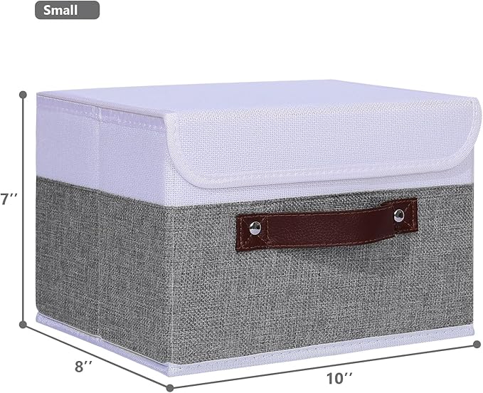 ANMINY 4PCS Storage Boxes with Lid Washable Decorative Storage Bins Basket with PU Leather Handle Foldable Linen Fabric Storage Cubes Containers for Home Closet Organizer - Gray White, Small Size