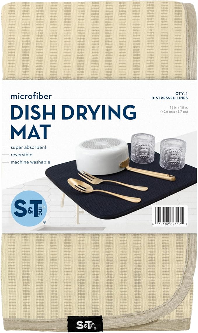 S&T INC. Dish Drying Mat, 16” x 18”, Absorbent Microfiber Kitchen Counter Mat, Dish Drying Pad for Dishes, Utensils, Pots and Pans, Large, Cream Distressed Lines