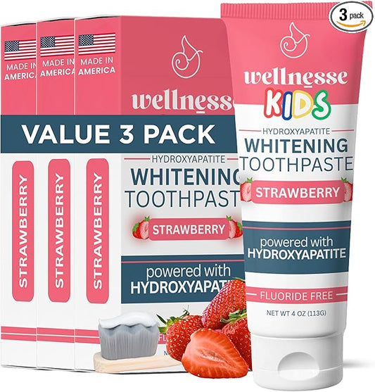 Wellnesse Kids Hydroxyapatite Toothpaste with Xylitol - Fluoride Free Toddler & Children's Natural Toothpaste, Freshens Breath, Sensory-Friendly Oral Care, Vegan, Strawberry Flavor, 4 oz (Pack of 3)