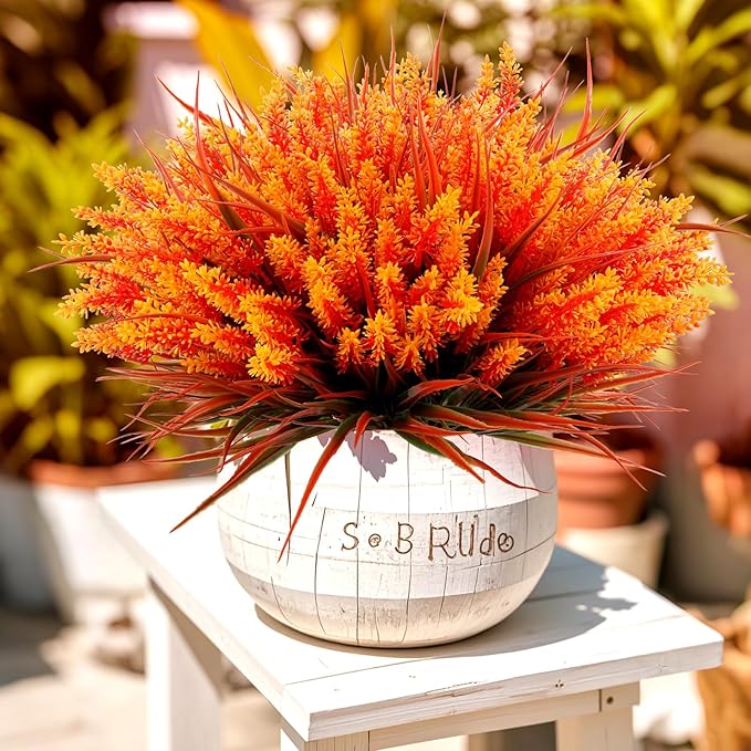 Geegoods Artificial Plants Flowers Outdoor – Faux Lavender Flowers with Monkey Grass UV Resistant Plastic Faux Plants for Garden Porch Window Patio Hanging Planter Home Decor (Autumn-Orange, 48PCS)