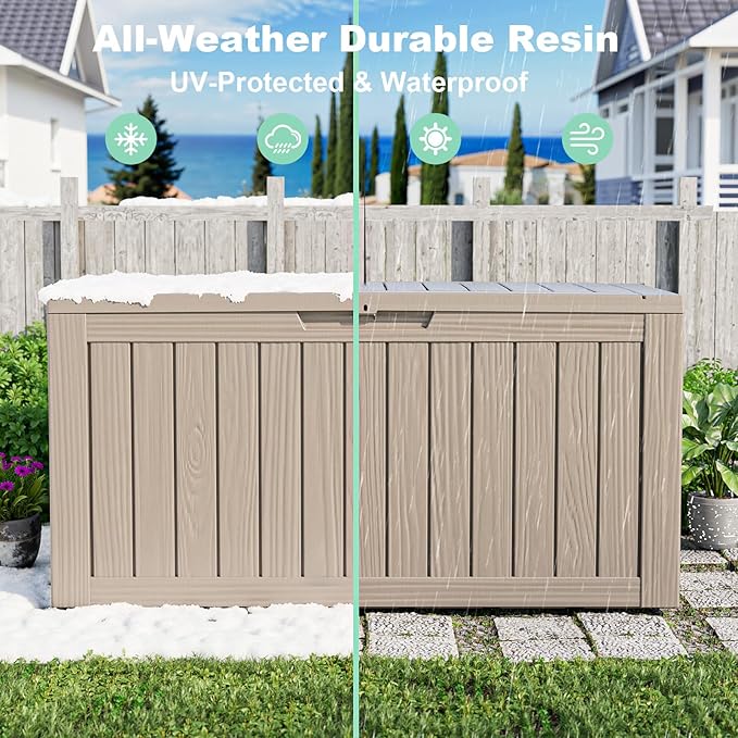 86 Gallon Outdoor Deck Box,Storage Lockable Waterproof Patio Furniture,Garden Tools,Cushions,Pool Accessories Outside Storage Resin Box(Grey)