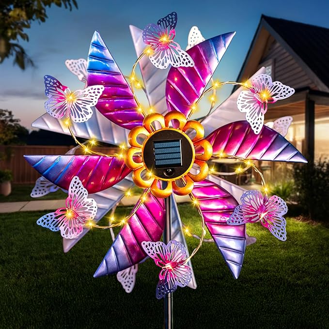 Solar Wind Spinner Outdoor, 360° Metal Large Butterflies Wind Sculpture with Outdoor Kinetic Windmills with Vine String LED Lights for Decor Garden Patio, Lawn & Yard