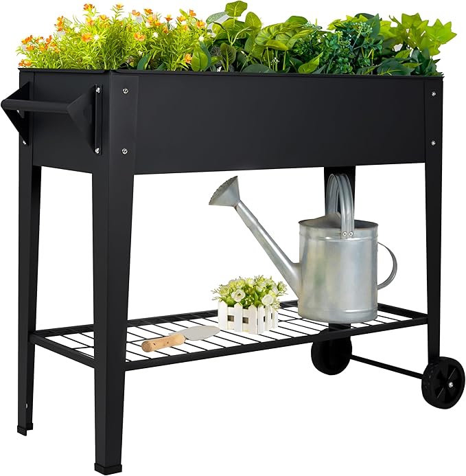 Elevate 32" Tall Raised Garden Bed Outdoor with Wheels & Shelf for Mobility, 400LBS Capacity, Anti-Rust Steel Planter Box for Vegetables/Herbs, Patio-Balcony-Backyard
