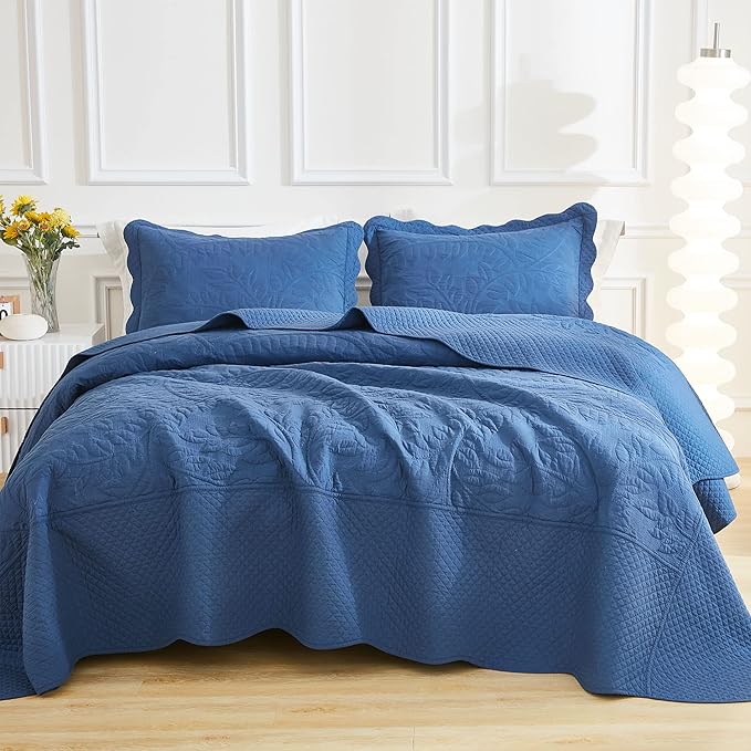 MarCielo 3-Piece 100% Cotton Oversized Bedspread Lightweight Quilt Coverlet Embroidery Farmhouse Bedding Set T0 (Midtone Blue, Oversized Queen (100"x106"))