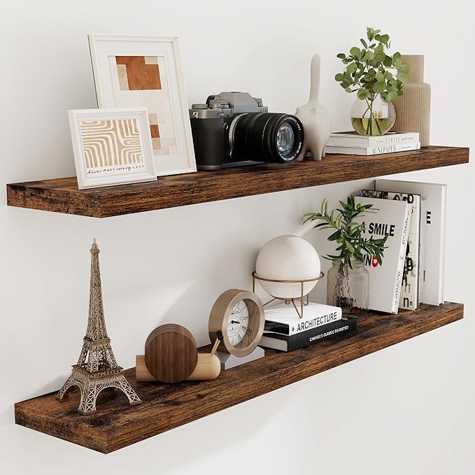 55 Inch Floating Shelves Set of 2, Rustic 55 x 9 Floating Shelf for Wall, 9 Inch Deep Wall Shelves Invisible Bracket, Large Deep Shelving for Bedroom, Kicten, Living Room, Rustic Brown Color