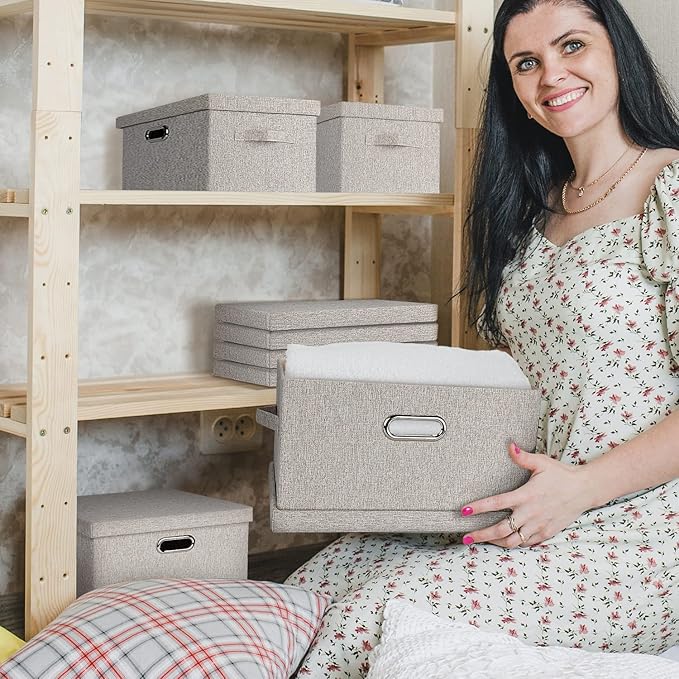 Medium 15" 21 Quart Collapsible Stackable Storage Bins with Lids, 3 Packs Beige Foldable Fabric Closet Boxes Heavy-duty Linen Cube Baskets Container for Bedroom Office (15 x 11 x 8)