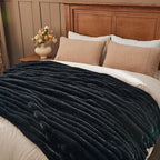 NEWCOSPLAY Faux Fur Twin Blanket Black 3D Ribbed Plush Thick Warm Blanket for Couch Sofa Bed 850GSM (Black Ribbed, Twin(60"x80"))