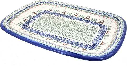 Blue Rose Polish Pottery Reindeer Delight Large Rectangular Serving Platter