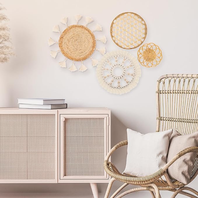 Boho Wall Basket Decor Set of 4 - Flat Woven Basket Wall Hanging Decor,Round Tassels White Macrame Tapestry Wall Decor Art,Handmade Rattan Wicker Seagrass Home Wall Baskets Decor(Wooden Beads Style)