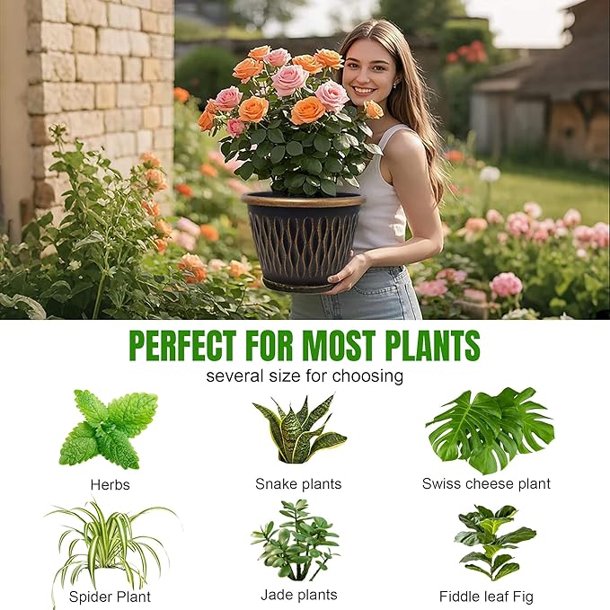 6 Pack 8 Inch Retro Plant Pots, Vintage Striped Flower Pots with Drainage Hole & Saucer, Large Plastic Planters for Indoor and Outdoor Plants, Decorative Garden Pots(Gold)