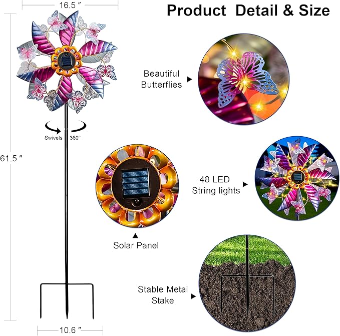 Solar Wind Spinner Outdoor, 360° Metal Large Butterflies Wind Sculpture with Outdoor Kinetic Windmills with Vine String LED Lights for Decor Garden Patio, Lawn & Yard