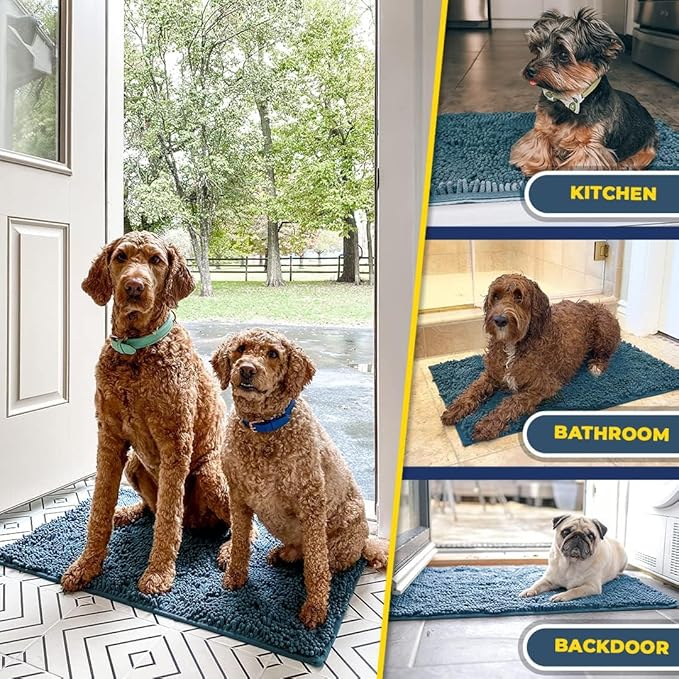 Muddy Mat® 4-Piece Atlantic Blue Medium 30"X19" AS-SEEN-ON-TV Highly Absorbent Microfiber Door Mat, Bath Mat and Pet Rug, Non Slip Thick Washable, Soft Chenille for Kitchen Bedroom Indoor and Outdoor