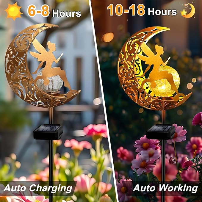 YJFWAL Garden Solar Lights Pathway Stake Lights Moon Fairy Glass Globe with Angel Decor, Gifts for Mom Grandma Friends, Outdoor Decor Light Waterproof for Walkway, Yard, Patio or Garden (Warm White)