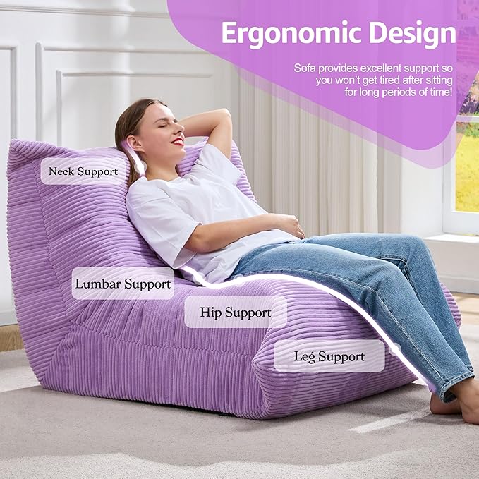 Bean Bag Chairs for Adults Giant Bean Bag Chair Memory Foam BeanBag Chair Big Bean Bag Sofa with Filler Faux Fur Fireside Beanbags Lazy Sofa for Living Room Bedroom Dorm Office (Purple Corduroy)