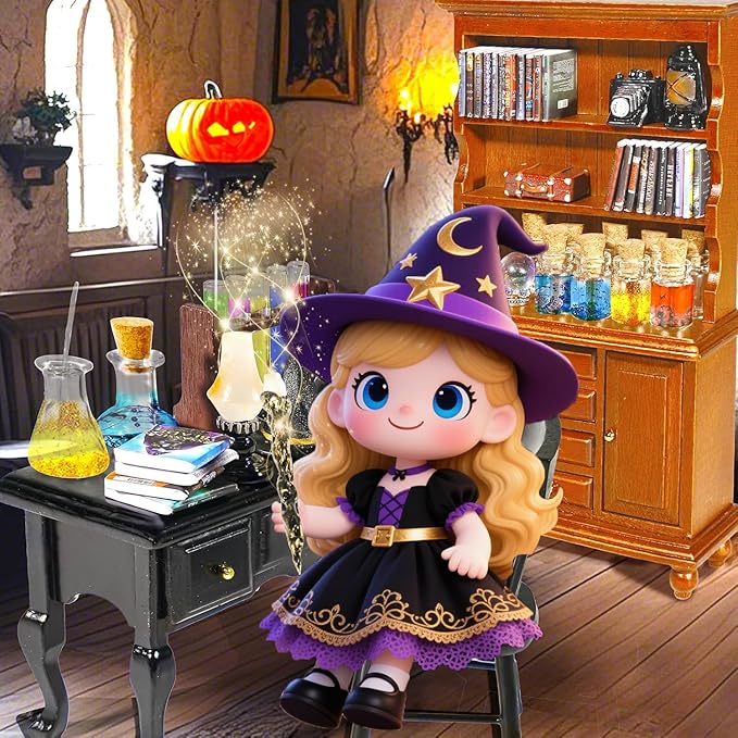 Rileryan 54 Pcs 1:12 Scale Magic Witchy House Kit Miniature Furnitures Accessories Mini Wooden Bookshelf Bookcase 30 Mini Books Desk Chair Halloween Decoration